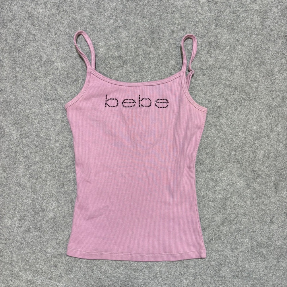 Bebe Vintage Pink Ribbed Rhinestone Logo Cami Tank Top Y2K Small USA Made